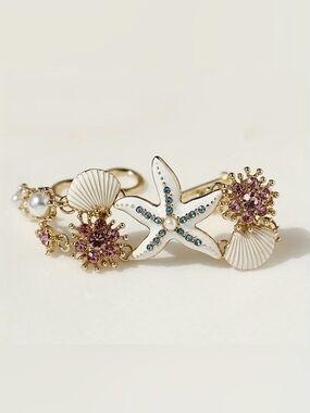 Gold Seashell & Starfish Charm Bracelet with White Enamel and Blue/Pink Crystals